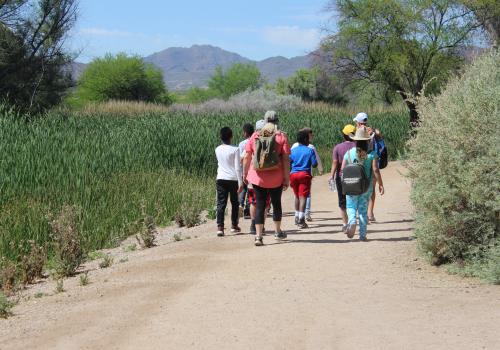Photo of Arizona Project WET Tucson Water Educators leading students on an outdoor field trip in Sweetwater Wetlands